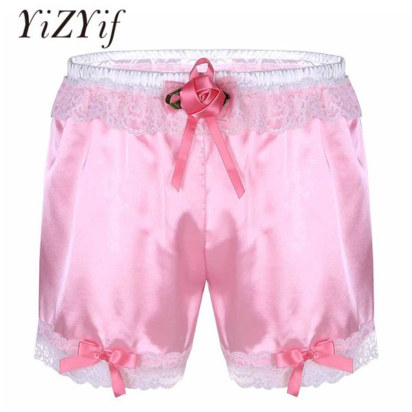 YiZYiF Boxershorts für Herren, Sissy-Satin-Höschen, Unterwäsche, glänzend, weich, Satin, Blumenspitze, Rosenblüten, Schleife, lose Boxershorts, Höschen