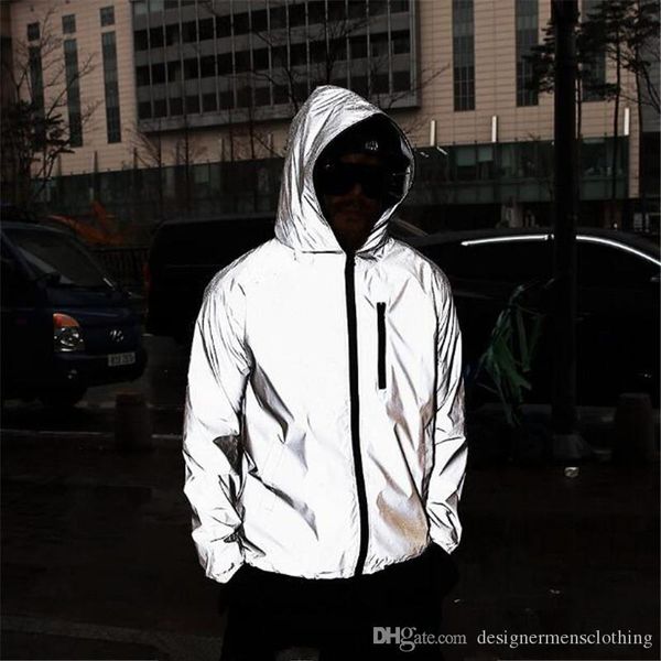 

reflective designer men jackets long sleeve hooded zipper teenager coats casual thin solid color male outerwears, Black;brown