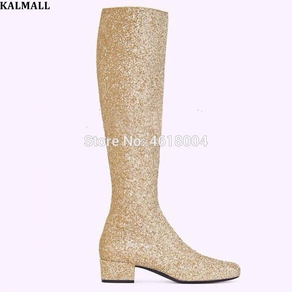 

kalmall women silver gold sequin knee high boots chunky low heels round toe glitter knight boots nightclub bling runway, Black