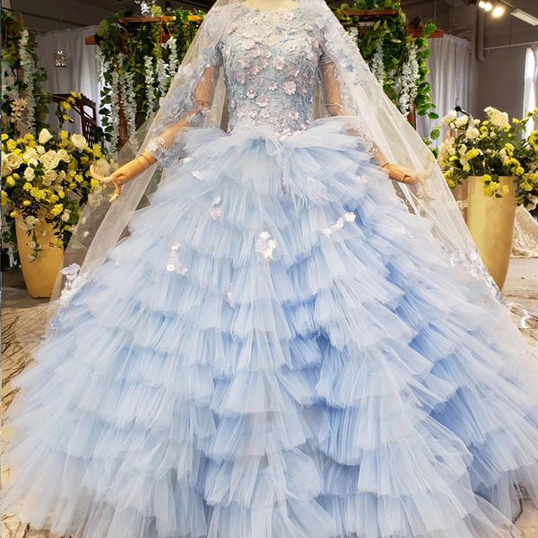 

luxury muslim royal blue dresses tulle long sleeve lace up back colorful applique cascading ruffle evening gowns vestidos de quinceañera, Black;red