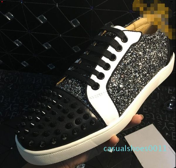

drop ship low grey glitter& spikes casual flats red bottom new for men and women party designer sneakers lovers genuine leather c11, Black