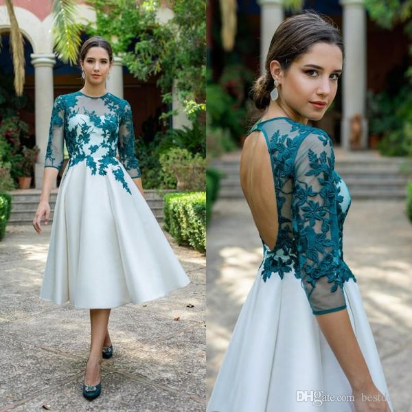 Vestidos de baile curtos baratos com decote em joia, apliques de renda, comprimento de chá, saia de 1/2 mangas, vestido de festa de cauda, meninas júnior, roupa formal personalizada 330 330