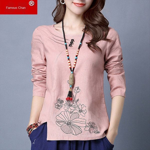 

100% чистого хлопка вышитые t- куртки хлопка футболки женские с длинным рукавом осенью одежды потерять большой размер базовой рубашки круглы, White