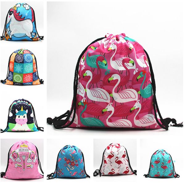 

unicorn print drawstring bag oxford cartoon unicorn flamingo backpack sports travel gym bags beach storage handbags totes 32*39cm d22902, Black