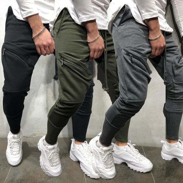 

2019 new style fashion men with pocket solid with pocket pants skinny slim zipper fit hip hop elastic harem trousers, Black