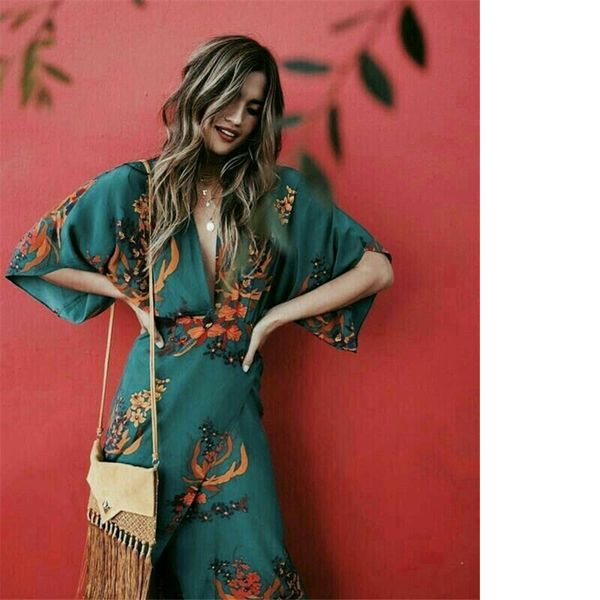 

v neck women wrap dress floral print kimono style half sleeve long maxi dress boho ladies beach vestido plus size 3xl, Black;gray
