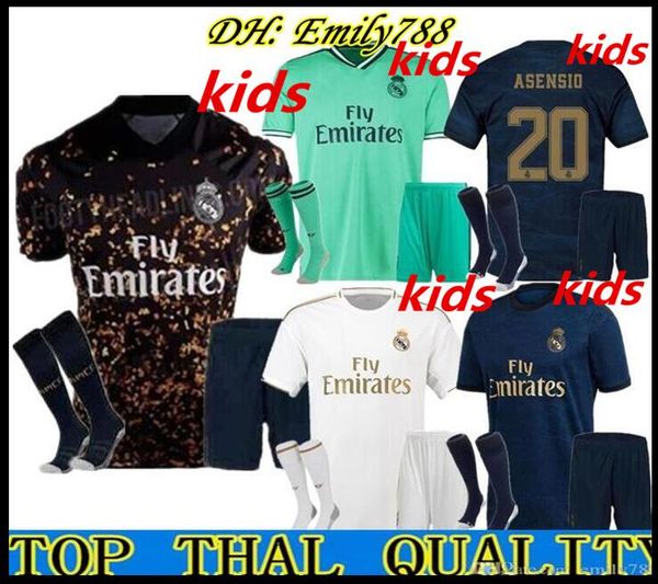 

2019 2020 real madrid kids soccer jersey 19 20 real madrid 4th kids+sock bale sergio ramos hazard jovic morata asensio modric football shirt, Black;yellow