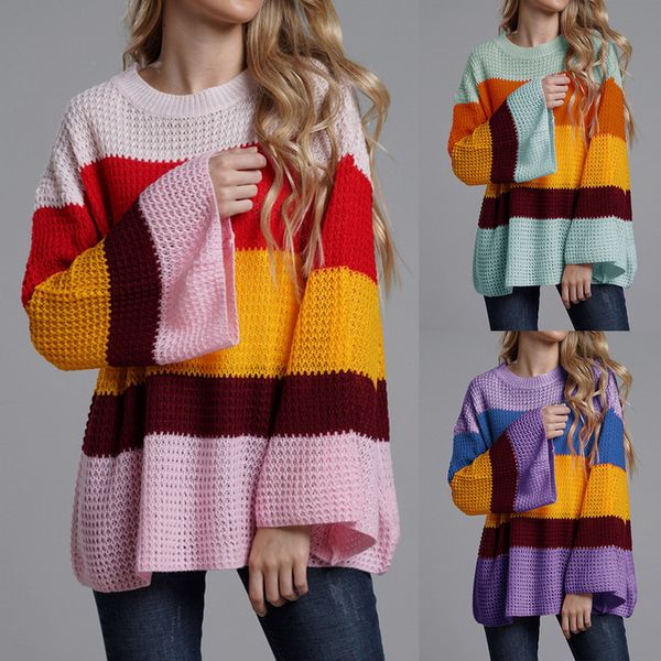 

2019 autumn winter sweater women patchwork o neck pull femme casual loose pullovers sweaters knitted sweaters jumper 3 colors, White;black