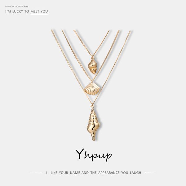 

yhpup stylish vintage shell zinc alloy pendant necklace multi-layer metal charm gold necklace for women beach jewelry accessory, Silver