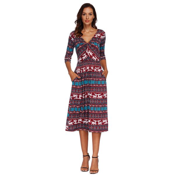 

Autumn Female Animal Printed Dress Casual Ladies Holidays A Line Dress Women V Neck Long Dresses