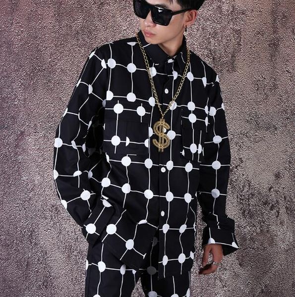 

fashion men's polka dot shirt personality long sleeve shirt flower tide men loose nightclub bar singer hip hop, White;black
