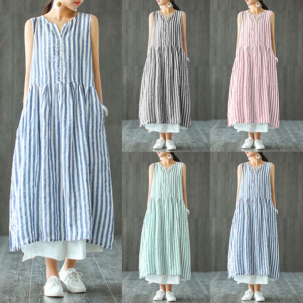 

дизайнерские платья женская одежда лето без рукавов платье 2019 работа полосатая футболка с длинным платье женщины casaul v шеи синий макси, Black;gray