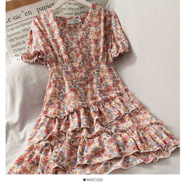 

vintage dress women summer korean style chic design v neck short sleeve printed one-piece dress clothes women, Black;gray