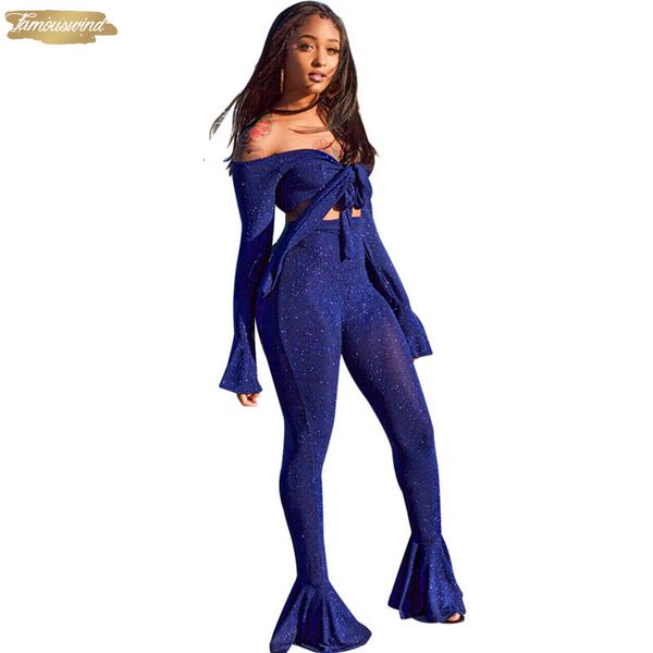

сияющий silver outfit piece set tie off плеч длинные белл рукава crop top пуловер тощий flare брюки высокие эластичный два, Gray