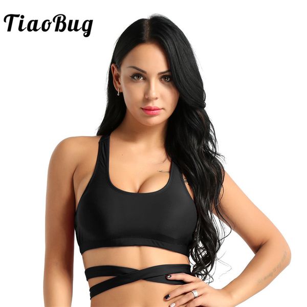 

tiaobug fashion women elastic strappy crop sleeveless padded sports gym workout dance bra female casual short tank, White