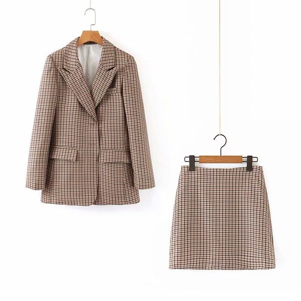 

2019 autumn retro girl's hong kong style pink plaid long sleeve suit jacket + high-waisted suit collar two-piece set women's, Black;white