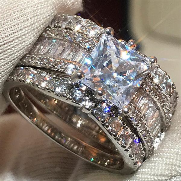 

size 6-10 choucong luxury jewelry sparkling 925 sterling silver&gold fill princess cut white z cz diamond gemstones women wedding ring, Slivery;golden