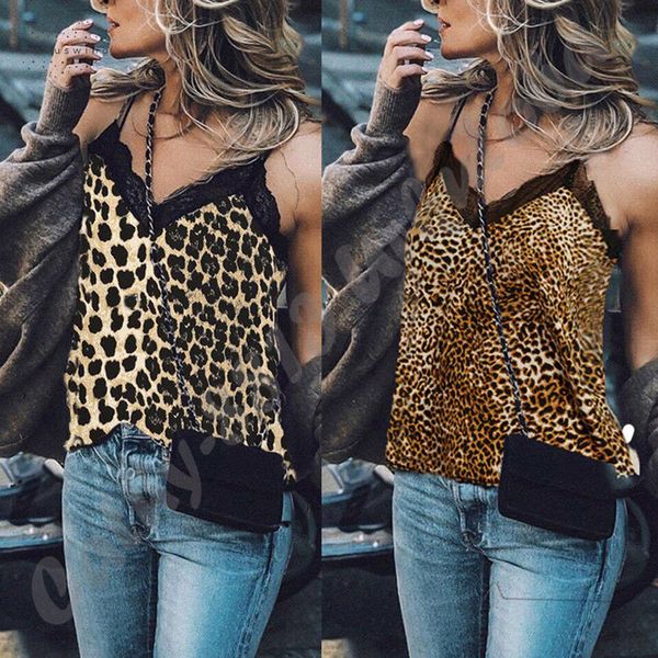 

футболка leopard женщины sexy v шеи способа печати бретели tee vest лето lady кружева cami crop, White