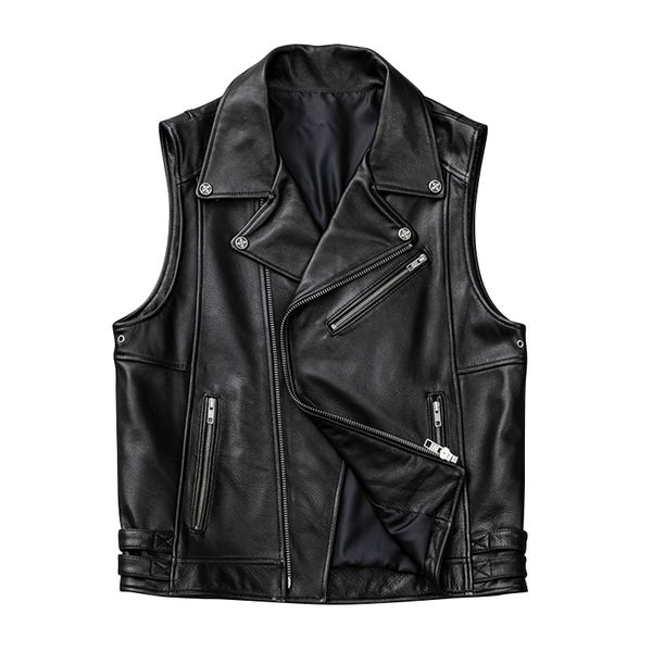 

2019 black men slim fit motorcycle leather vest plus size xxxxxl genuine cowhide spring short biker's leather vest ing, Black;white