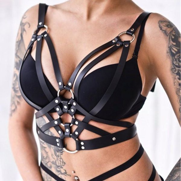 

2019 women ladies fashion punk gothic bra leather harness belt body bondage chest straps black, Black;brown