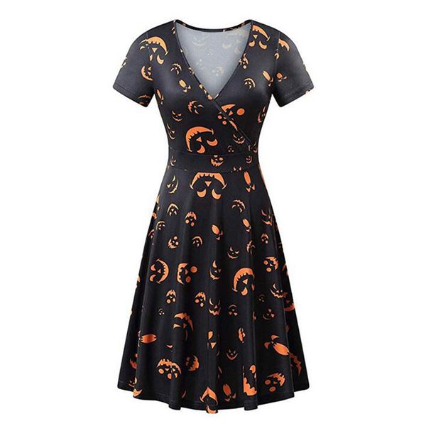 

halloween print v neck dress patchwork designer short sleeve dresses fashion casual patchwork slim streetwear clothing, White;black
