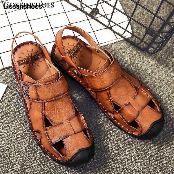 

man shoes sandales genuine leather casual beach sandals closed toe men erkek sandalet sandalias de hombre, Black