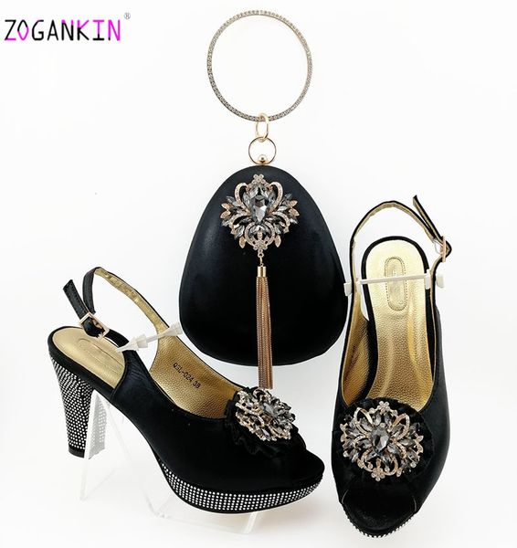 

black latest comfortable shoes and bags set italian sets 2020 italian shoes and matching bags women rhinestone wedding shoe