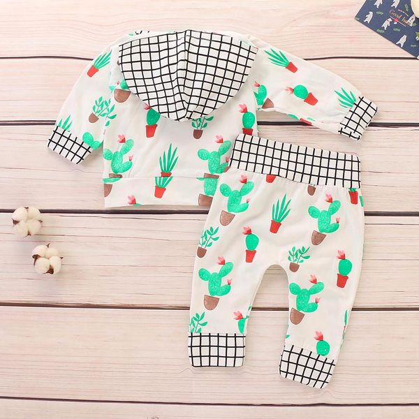 

baby girl clothes baby boys clothes long sleeved plant cartoon pattern plaid with hat and botanical patterned pants 2pc set, White