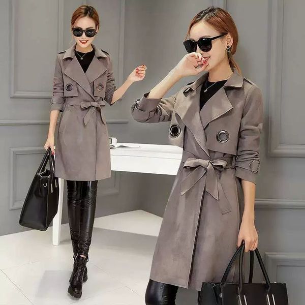 

women autumn vintage suede slim belt trench coat woman jacket, Tan;black