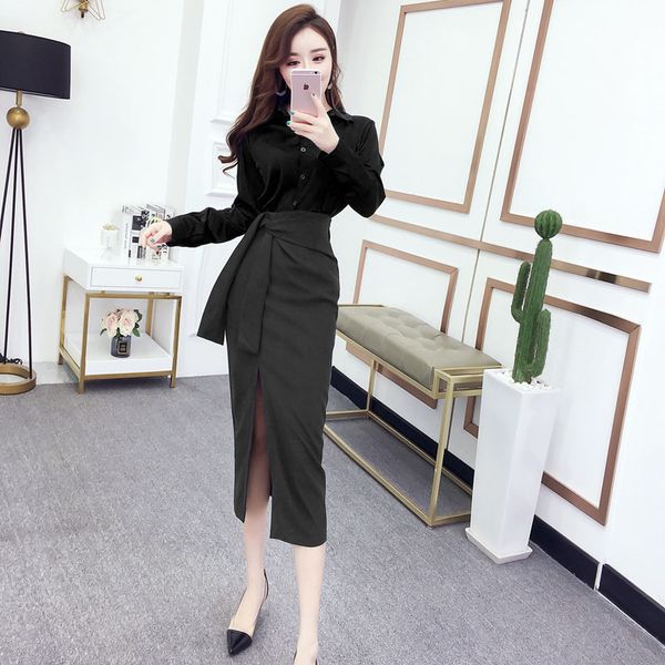 

elegant light mature suit female 2020 autumn korean fashion long-sleeved shirt high waist bag hip skirt split skirt, White