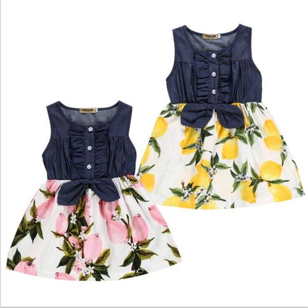 

baby clothes kids girls lemon printed dresses summer sleeveless denim patchwork dress children bowknot button casual beach dress c820, Red;yellow