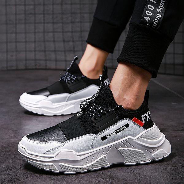 

2019 breathable increased wear-resistant casual wild lace up round head men's trend mixed color thick-soled shoes, Black