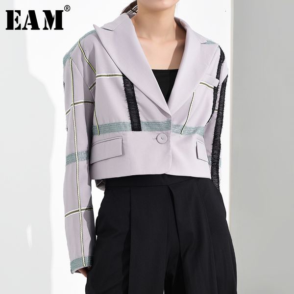 

eam] women purple plaid ribbon big size short blazer new lapel long sleeve loose fit jacket fashion spring autumn 2020 1h2691, White;black