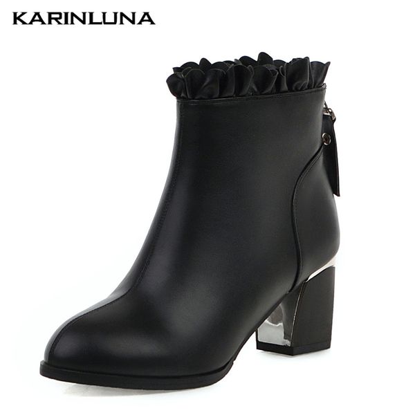 

karinluna brand large sizes 32-45 high heels ruffles shoes woman casual party office lady autumn winter ankle boots women 2019, Black