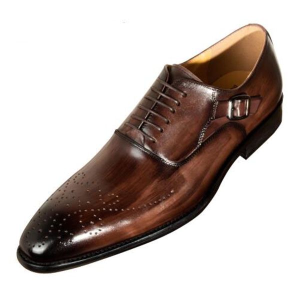 

men dress shoes cow leather buckle strap office business wedding handmade mixed color brogue formal pointed toe oxfords mens brand shoe, Black