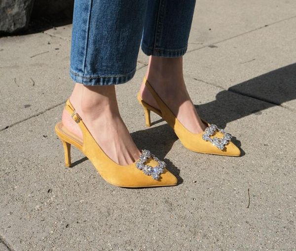 

женщины насосы мода дамы горный хрусталь высокие каблуки обувь мягкая кожа пяток обувь женщина остроконечные toe нескользящие, Black