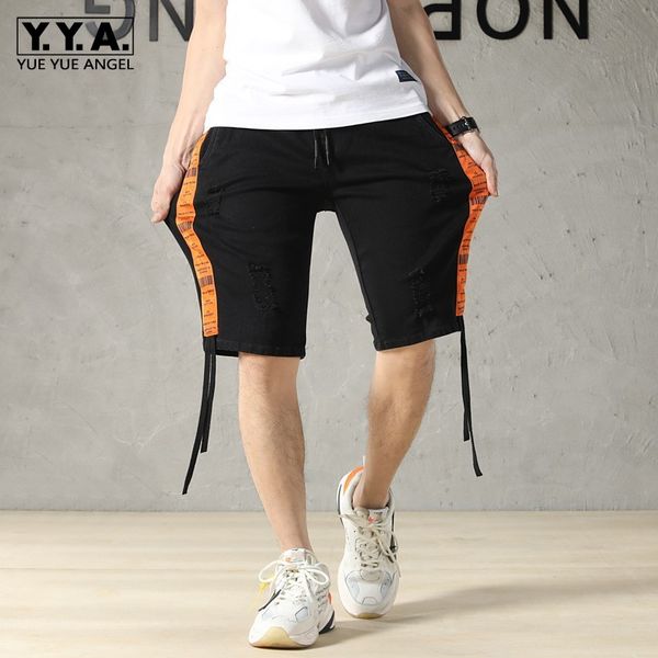 

plus size l-7xl mens summer knee length shorts straps hip hop casual hole ripped jeans elastic wasit denim beach shorts bermuda, Blue