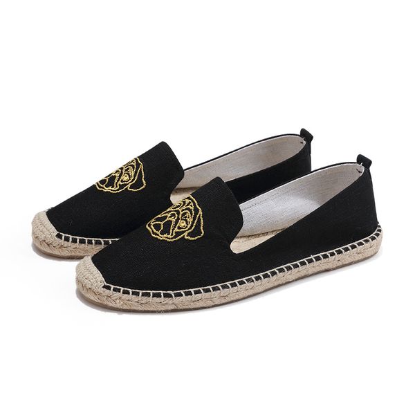 

black classic flat espadrilles, embroidery gold dog pattern