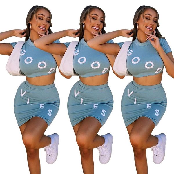 

юбка комплекты из двух частей набора женщины письма печати короткой футболки и юбка удобных вскользь летние клубные костюмов для женщин набо, White