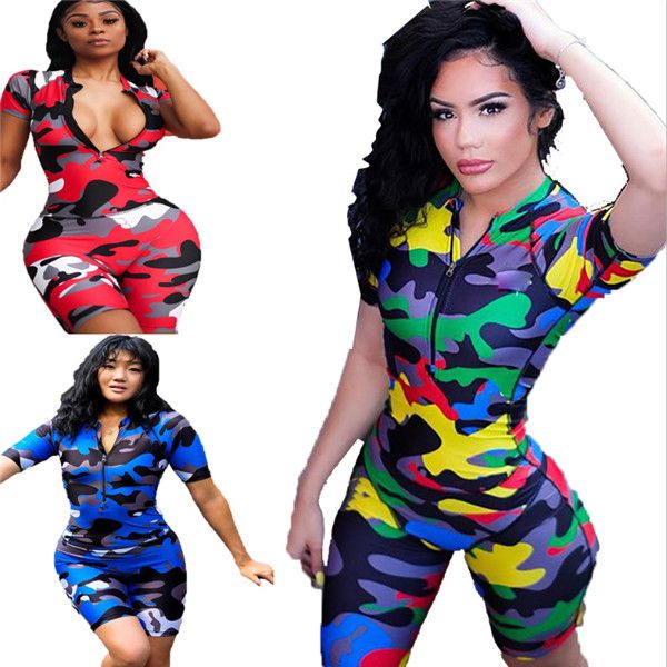 

autumn siamese women's well-known designer sets of short-sleeved zipper stand collar bag hip women's camouflage tight-fitting one, Black;white