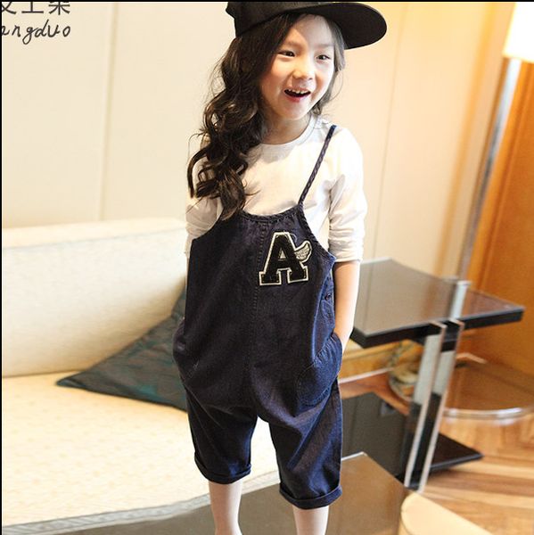 

new summer children kids girl jumpsuit cute sweet fashion washed jeans denim romper jumpsuits straps short pants, Blue