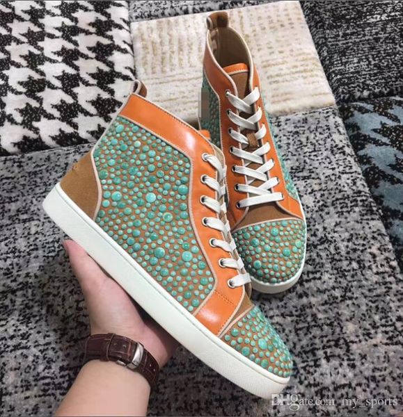 

fashion trainers red bottom genuine leather +magnolia beads spiked shoes sneakers high skateboarding sports casual flat spikes super man, Black