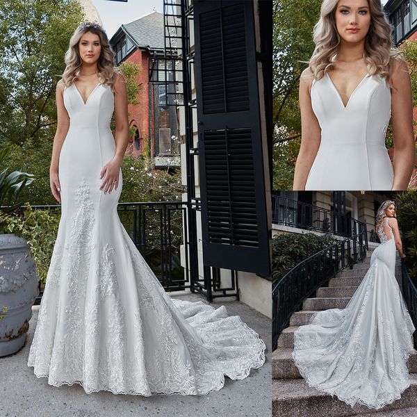 

plus elegant ashle justin bride mermaid wedding dresses v neck sleeveless lace applique wedding gowns sweep train robe de mariÃ©e, White