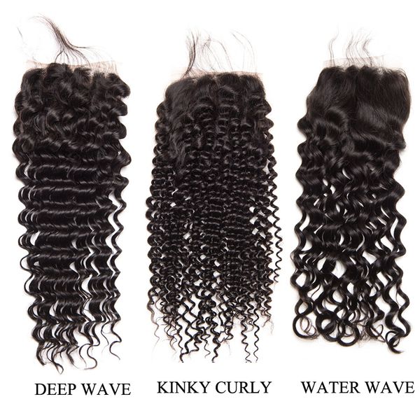 

kinky curly water wave deep wave brazilian hair lace closure 4x4 kinky curly lace closure with baby hair curly human hair lace closure, Black