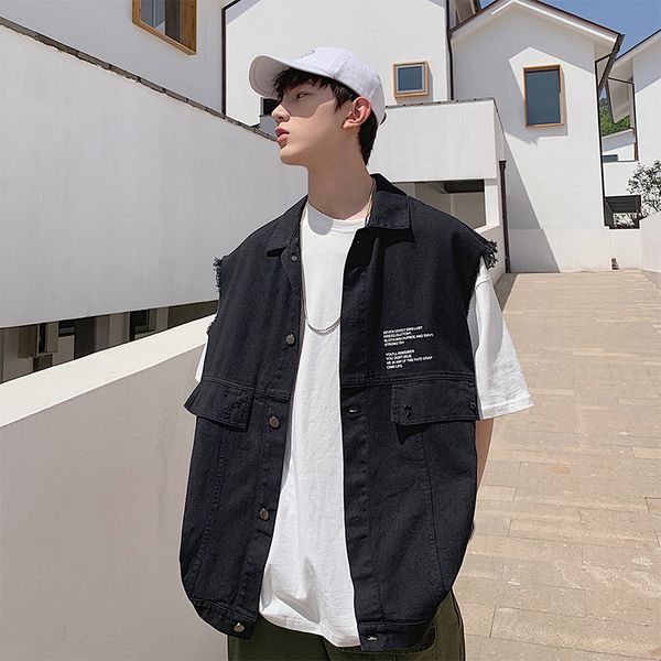 

2019 spring and summer new chinese style quality comfortable cotton tide male harajuku street loose denim vest jacket, Black;white