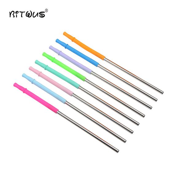 

ecoslicone+stainless steel combination straws metal party drinking straws long sliver straight straw set bar ar cocktail 21.5 cm