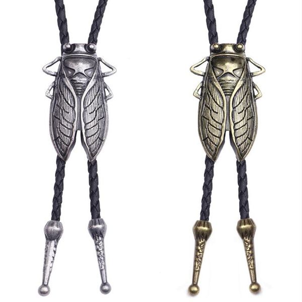 

vintage bronze silver cicada necklace bola bolo tie insect pendant necklace black leather chain women men jewelry