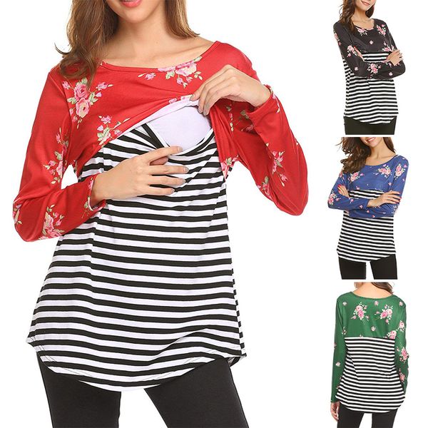 

maternity striped breastfeeding maternity pregnant clothes long sleeve print pregnant women stitching striped tees loose type 19, White