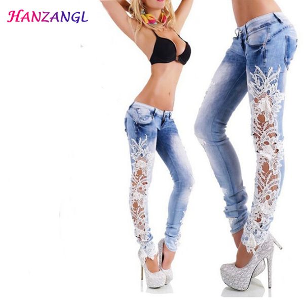 

hanzangl 2017 hole hollow lace women jeans long pencil denim pants femme skinny boyfriend jeans woman plus size, Blue