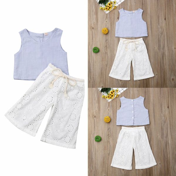 

toddler kids baby girl linen hollow trousers pants summer clothes 2pcs set, White